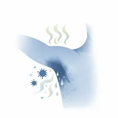 白背景に、青い上半身の脇の下がクローズアップされ、濃い汗ジミと汗のしずく、周囲に臭気を示す波線と微生物のような形が描かれている。