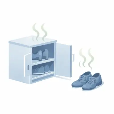 白背景に、扉が開いた靴箱（下駄箱）と、前に置かれた革靴が描かれ、どちらからも臭気を示す波線が立ちのぼっている。