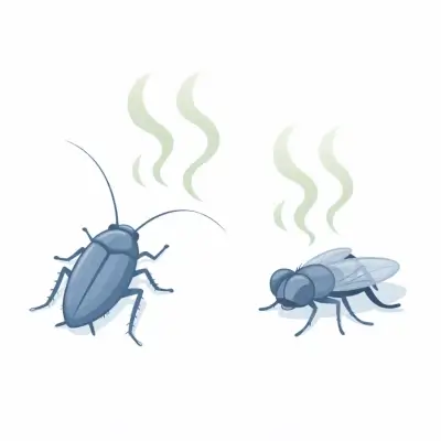 白背景に、左にゴキブリ、右にハエが青灰色で描かれ、それぞれの上に臭気を示す淡い波線が立ちのぼっている。