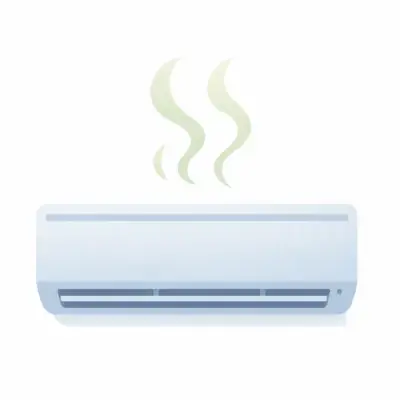 白背景に、壁掛けエアコンの室内機が青灰色で描かれ、上に淡い波線が2本立ちのぼっている。