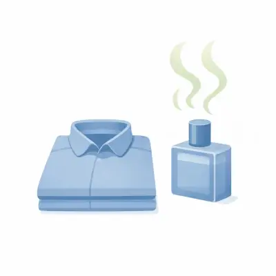 白背景に、折りたたまれた青いシャツと四角い香水ボトルが並び、ボトル上部から淡い波線が立ちのぼっている。