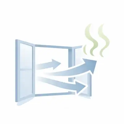 白背景に、開いた窓が描かれ、外側から室内へ向かう青い矢印が3本伸びている。窓の外側に、においを示す淡い波線が立ちのぼっている。
