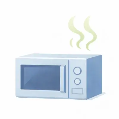 白背景に、青灰色の電子レンジが描かれ、本体の上から淡い波線が立ちのぼっている。