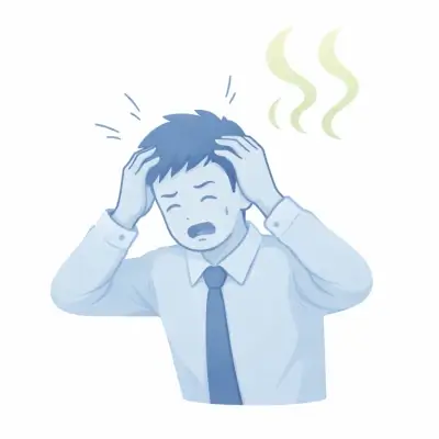 白背景に、青系の人物が頭を抱えて苦しそうな表情をしており、頭上に臭気を示す淡い波線が立ちのぼっている。