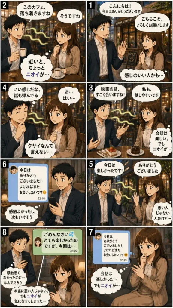マッチングアプリで出会った男女の初顔合わせを描いた8コマ漫画。男性はカフェでの会話が順調だと思っているが、女性は近い距離で男性のニオイに気づき、会話は楽しいものの「クサイなんて言えない」と悩んでいる。デート後、男性は「また会いたい」とメッセージを送るが、女性は悪い人ではないと思いつつニオイが気になり、やんわり断る。男性は理由がわからず困惑している。