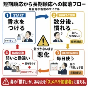 香水を使い続けることで短期順応から長期順応へ進み、香りを弱いと誤認して使用量を増やしてしまう無自覚な香害サイクルを示したインフォグラフィック。