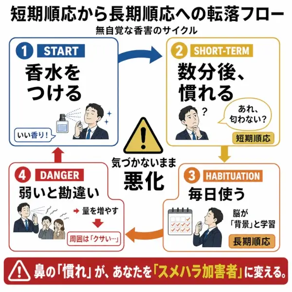 香水を使い続けることで短期順応から長期順応へ進み、香りを弱いと誤認して使用量を増やしてしまう無自覚な香害サイクルを示したインフォグラフィック。