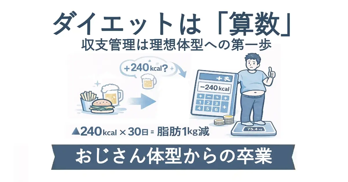 「ダイエットは『算数』／収支管理は理想体型への第一歩」という見出し。左に食べ物とビールのイラスト、中央に「-240kcal」と表示された電卓、右に体重計に乗るお腹の出た男性。下に「▲240kcal×30日＝脂肪1kg減」。最下部の帯に「おじさん体型からの卒業」。