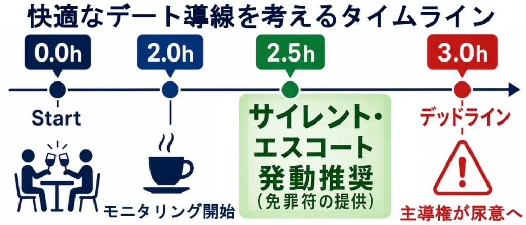 デート開始から3時間までの流れを示すタイムライン図。0.0時間はデート開始、2.0時間はモニタリング開始、2.5時間はサイレント・エスコート発動推奨、3.0時間はデッドラインとして示されている。