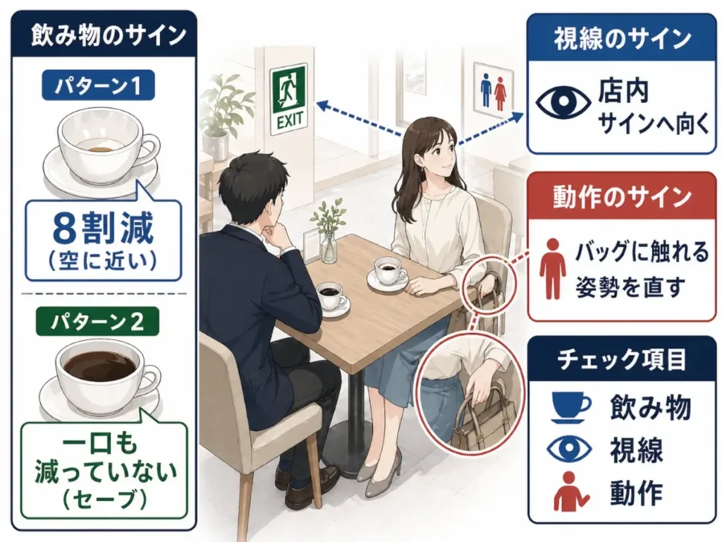カフェで向かい合って座る男女を中心に、女性の飲み物・視線・動作を観察するポイントを示した図。飲み物は「8割減」と「一口も減っていない」の2パターン、視線は店内サインへ向く動き、動作はバッグに触れる・姿勢を直す様子が強調されている。