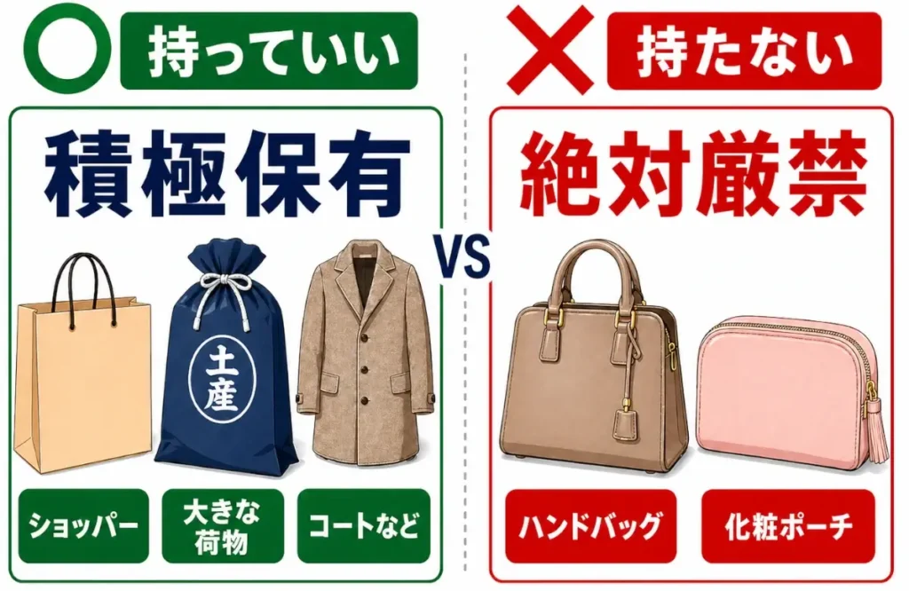 荷物エスコートで「持っていい物」と「持たない物」を左右比較した図。左はショッパー、大きな荷物、コートなどを「積極保有」として示し、右はハンドバッグと化粧ポーチを「絶対厳禁」として示している。