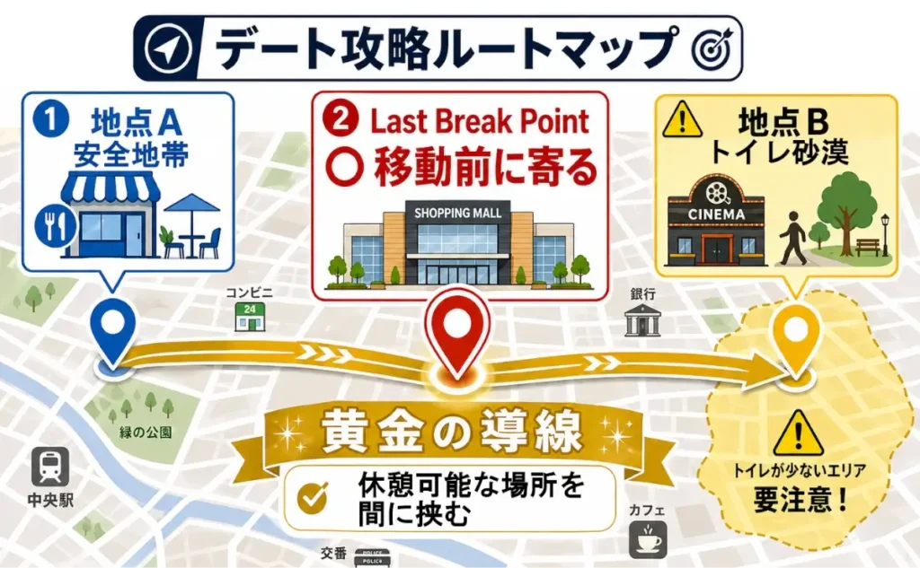 デートコース上の地点Aから地点Bまでの移動ルートを示したマップ図。地点Aは安全地帯、地点Bはトイレ砂漠として示され、途中の「Last Break Point」で移動前に寄る黄金の導線が強調されている。