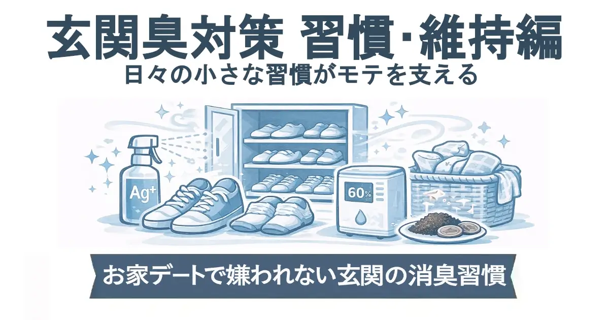 「玄関臭対策 習慣・維持編／日々の小さな習慣がモテを支える」という見出し。中央に下駄箱、靴、Ag+スプレー、除湿機（60%表示）、コーヒーかすと10円玉の皿、衣類カゴのイメージ。下部帯に「お家デートで嫌われない玄関の消臭習慣」。