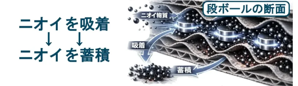 白背景の横長図版。左に「ニオイを吸着 ↓ ↓ ニオイを蓄積」という大きな文字、右に段ボール断面の3Dイメージがあり、波状の中芯の隙間へ黒い粒子状のニオイ物質が入り込み、吸着・蓄積していく様子を矢印とラベルで示している。