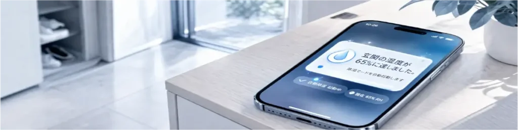 玄関のコンソールテーブルに置かれたスマートフォンの画面に、湿度65%到達で自動除湿を開始する通知が表示された、青と白を基調としたテック系イメージ。