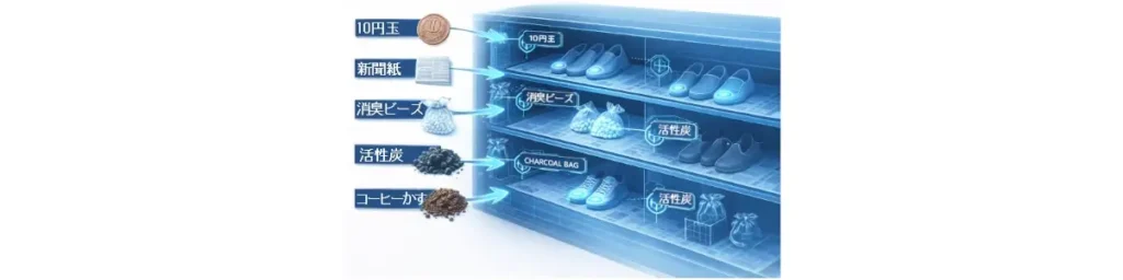 半透明の青い靴箱の内部を透視した図。左側に「10円玉」「新聞紙」「消臭ビーズ」「活性炭」「コーヒーかす」のラベルが縦に並び、矢印でそれぞれの配置場所と結ばれている。