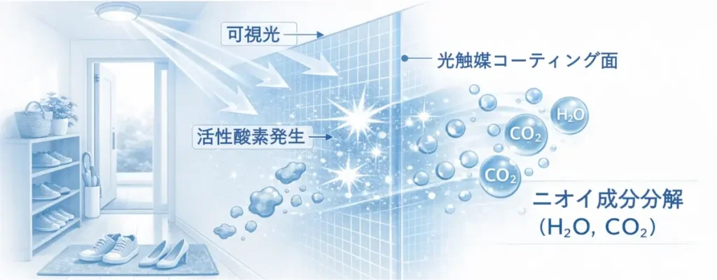 玄関の壁に当たる可視光で光触媒コーティング面が働き、活性酸素を発生させてニオイ成分を分解し、水（H2O）と二酸化炭素（CO2）に変える仕組みを青系で示した図。