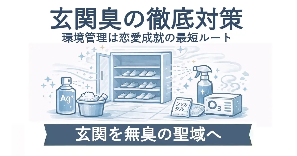 「玄関臭の徹底対策／環境管理は恋愛成就の最短ルート」という見出し。中央に開いた下駄箱と消臭・除菌アイテム（Ag+ボトル、洗浄用バケツ、スプレー、シリカゲル、O₃機器）のイメージ。下部帯に「玄関を無臭の聖域へ」。