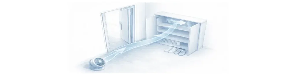 玄関の靴箱の扉を開け、床に置いたサーキュレーターで空気を送り込み、靴箱内の空気を入れ替えている様子を示したイメージ図。
