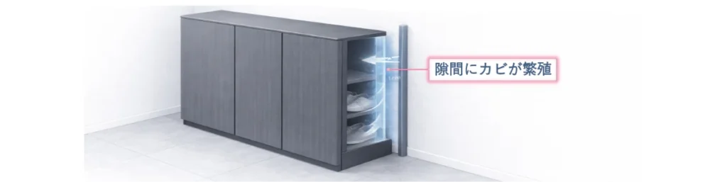 玄関の壁際に設置された靴箱の側面断面図で、壁との隙間に湿気がこもり、カビが繁殖している様子を示したイメージ図。