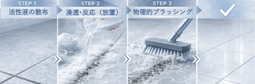 床面酸化分解プロトコルを4段階で示した横長図。汚れた床面に活性液を散布し、泡で反応させ、ブラシでこすり、最後にきれいな床へ戻る流れを青白い色調で表している。