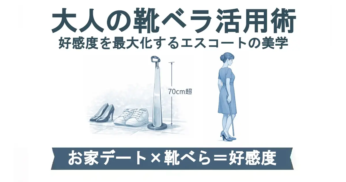 「大人の靴ベラ活用術／好感度を最大化するエスコートの美学」の見出し。中央にスタンド型靴ベラ（70cm超）と、ヒール・スニーカーの靴。右側に立ち姿の女性が靴ベラで靴を履くイメージ。下部帯に「お家デート×靴ベラ＝好感度」。