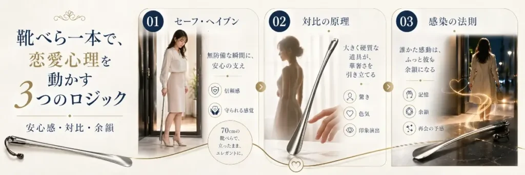 「靴べら一本で、恋愛心理を動かす3つのロジック」を表した横長インフォグラフィック。左側に大きなタイトルと「安心感・対比・余韻」のキーワードが配置され、中央から右にかけて「01 セーフ・ヘイブン」「02 対比の原理」「03 感染の法則」の3項目が並んでいる。セーフ・ヘイブンの項目では、女性が背筋を伸ばしたまま両足を地面につけ、右足のかかとを軽く浮かせて70cmの靴べらを使う様子が描かれている。対比の原理では、長く硬質な金属製靴べらと女性の手元やシルエットの対比が示され、感染の法則では、帰り道の余韻や記憶を表す光の軌跡が表現されている。