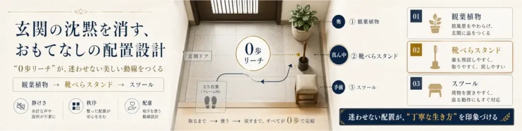 玄関での気まずい沈黙をなくすための配置設計を説明した横長インフォグラフィック。中央には玄関を上から見た俯瞰図があり、玄関ドア側から「観葉植物」「靴べらスタンド」「スツール」が壁沿いに順番に配置されている。中央には「0歩リーチ」と表示され、靴べらを取る、使う、戻す動作がすべてその場で完結することを矢印で示している。右側には3つの配置要素として、観葉植物は玄関に品をつくるもの、靴べらスタンドは最も視認しやすく取りやすく戻しやすいもの、スツールは荷物を置いたり座ったりできるものとして説明されている。左側には「静けさ」「秩序」「配慮」の要素がアイコン付きで示されている。