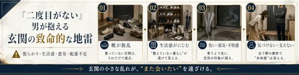 「二度目がない」男が玄関で抱えがちな致命的な地雷を示した横長インフォグラフィック。左側に「『二度目がない』男が抱える 玄関の致命的な地雷」という大きな見出しがあり、下に「散らかり・生活感・悪臭・配慮不足」と要点が並んでいる。右側には4つの地雷がカード形式で表示されており、靴が散乱した玄関、物が多く生活感のある収納、湿気や臭いを感じさせる玄関、女性が靴を履く場面で男性が支えずに立っている場面が描かれている。下部には「玄関の小さな乱れが、“また会いたい”を遠ざける。」というメッセージが配置されている。