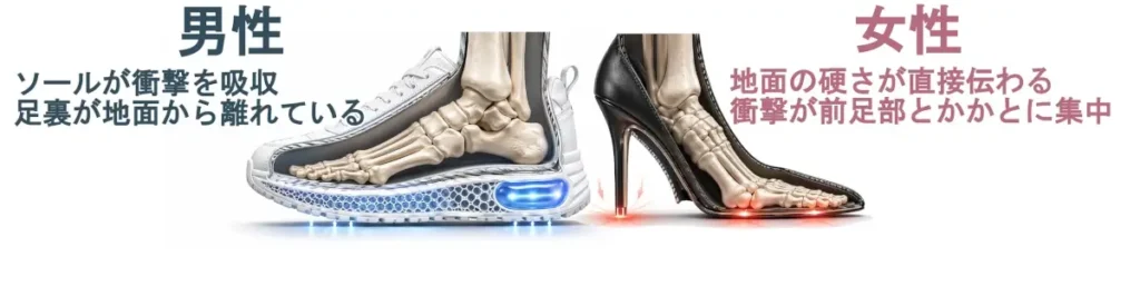 白背景の比較図。左にスニーカーの断面と足の骨格、右にハイヒールパンプスの断面と足の骨格が並び、上部に「男性」「女性」と大きく表示されている。左には青い文字で「ソールが衝撃を吸収 足裏が地面から離れている」、右にはピンクの文字で「地面の硬さが直接伝わる 衝撃が前足部とかかとに集中」と書かれている。