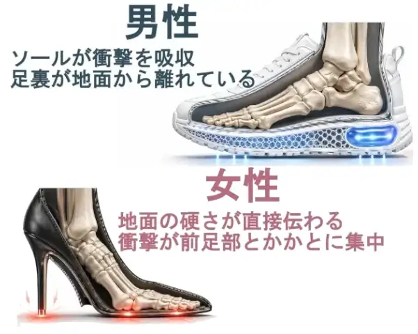 白背景の比較図。上段に白いスニーカーを履いた男性の足骨格が描かれ、「ソールが衝撃を吸収、足裏が地面から離れている」と説明されている。下段に黒いハイヒールを履いた女性の足骨格が描かれ、「地面の硬さが直接伝わる、衝撃が前足部とかかとに集中」と説明されている。