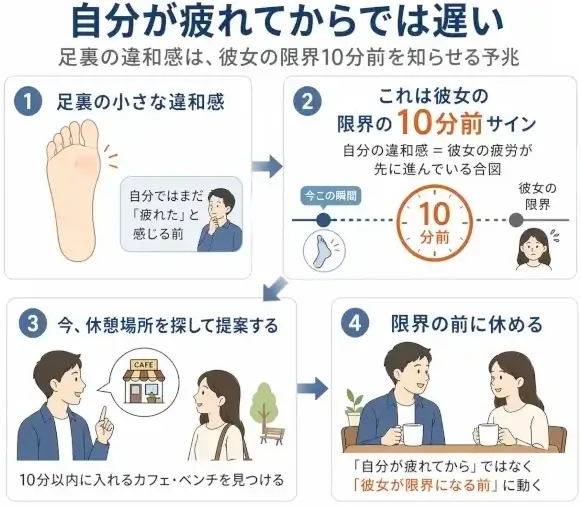 白背景の4コマ風インフォグラフィック。上部に「自分が疲れてからでは遅い」と大きく書かれ、足裏の小さな違和感を「彼女の限界10分前のサイン」と捉え、今すぐ休憩場所を探して提案し、女性が限界になる前にカフェで休む流れが、番号と矢印で示されている。