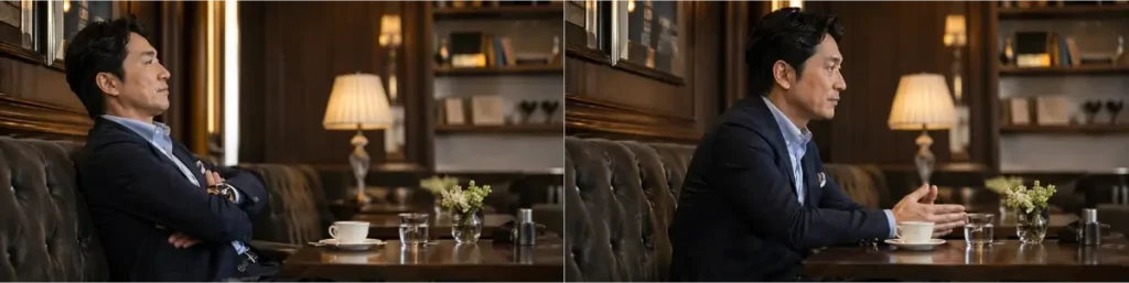 高級感のあるカフェの同一構図を左右に並べた比較画像。日本人男性が左ではソファにもたれて腕を組み、右では同じ席・同じ明るさのまま少し前傾して手をテーブル上に出している。