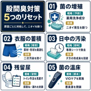 「股間臭対策 5つのリセット」を6枠構成で整理した正方形インフォグラフィック。全体は左右2列×上下3段のレイアウトで、左上の枠にタイトル「股間臭対策 5つのリセット」と「原因ごとに対処して、ニオイを断つ」というサブコピーが入っている。残り5枠には対策が1つずつ配置されており、右上は「01 菌の増殖」で、戦略は「予防・薬用洗浄成分」、効果は「ニオイ発生を断つ」。中段左は「02 衣服の蓄積」で、戦略は「環境・素材・形状を最適化」、効果は「二次汚染を防ぐ」。中段右は「03 日中の汚染」で、戦略は「即時・専用シートで除去」、効果は「夕方の熟成臭を回避」。下段左は「04 残留尿」で、戦略は「習慣・トイレ作法を見直す」、効果は「尿跳ね・漏れを封鎖」。下段右は「05 菌の温床」で、戦略は「根本・VIOケアを実施」、効果は「悪臭源を閉鎖」と示されている。各枠には石けん、下着、シート、トイレ、トリマーなどのアイコンが添えられている。