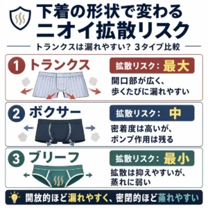 下着の形状によるニオイ拡散リスクを比較した正方形インフォグラフィック。上部に「下着の形状で変わる ニオイ拡散リスク」という大きな見出しがあり、トランクス、ボクサー、ブリーフの3タイプが縦に並んでいる。トランクスは「拡散リスク：最大」で、開口部が広く歩くたびに漏れやすいと示されている。ボクサーは「拡散リスク：中」で、密着度は高いがポンプ作用は残ると説明されている。ブリーフは「拡散リスク：最小」で、拡散は抑えやすいが蒸れに弱いと示されている。下部には「開放的ほど漏れやすく、密閉的ほど蒸れやすい」というまとめが配置されている。