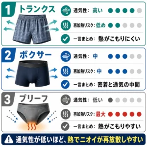 下着の形状ごとに、通気性と体温によるニオイ再放散リスクを比較した正方形インフォグラフィック。上から「1 トランクス」「2 ボクサー」「3 ブリーフ」の3段構成で並び、それぞれ下着のイラスト、通気性、再加熱リスク、一言まとめが示されている。トランクスは通気性が高く、再加熱リスクは低めで、熱がこもりにくい。ボクサーは通気性と再加熱リスクが中程度で、密着と通気の中間。ブリーフは通気性が低く、再加熱リスクが最大で、熱がこもりやすい。最下部には「通気性が低いほど、熱でニオイが再放散しやすい」と大きく表示されている。