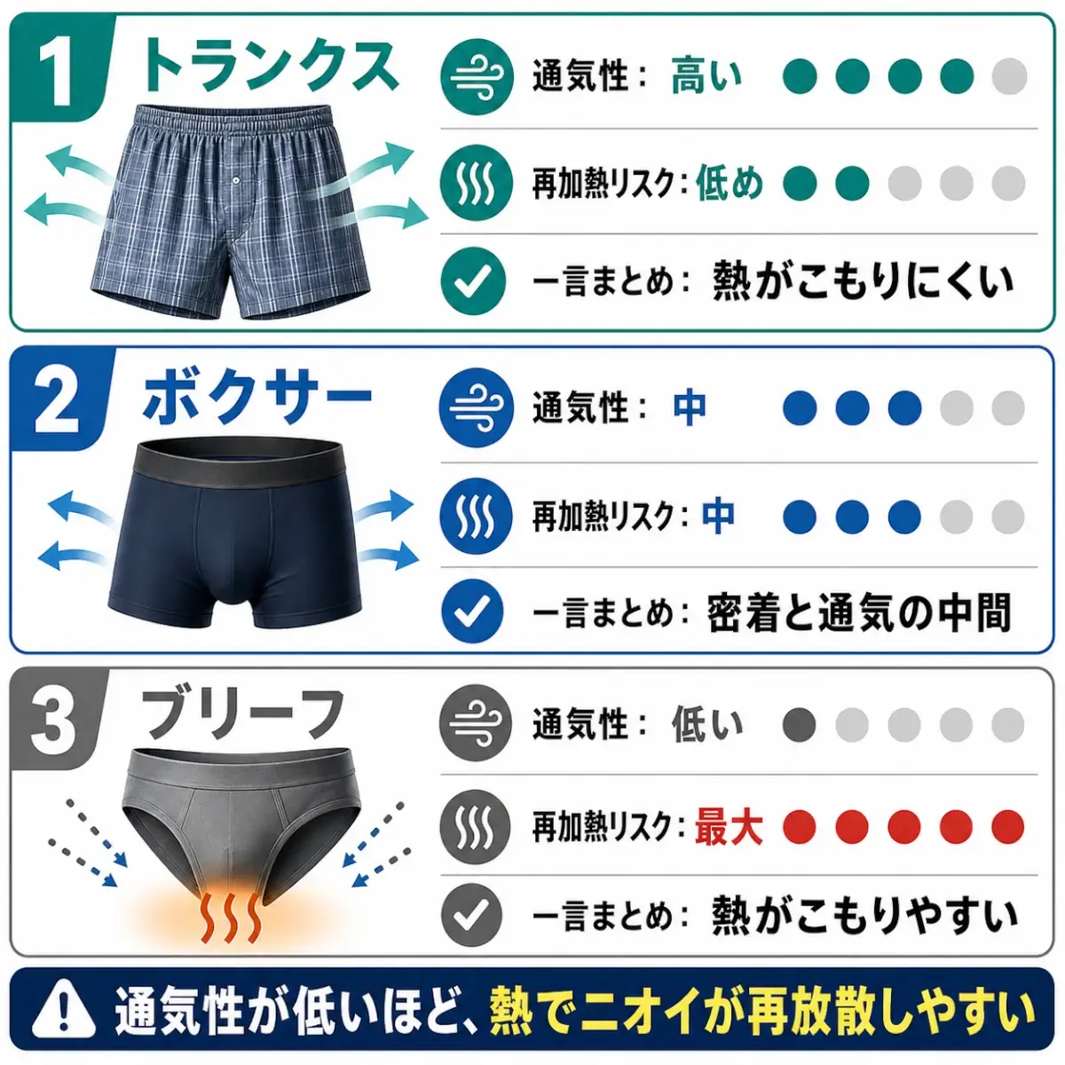 下着の形状ごとに、通気性と体温によるニオイ再放散リスクを比較した正方形インフォグラフィック。上から「1 トランクス」「2 ボクサー」「3 ブリーフ」の3段構成で並び、それぞれ下着のイラスト、通気性、再加熱リスク、一言まとめが示されている。トランクスは通気性が高く、再加熱リスクは低めで、熱がこもりにくい。ボクサーは通気性と再加熱リスクが中程度で、密着と通気の中間。ブリーフは通気性が低く、再加熱リスクが最大で、熱がこもりやすい。最下部には「通気性が低いほど、熱でニオイが再放散しやすい」と大きく表示されている。