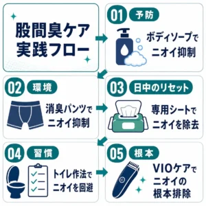 股間臭ケアの実践フローを6枠で示した正方形インフォグラフィック。全体は左右2列×上下3段のレイアウトで、左上の枠に「股間臭ケア 実践フロー」というタイトルが入っている。残り5枠には対策が順番に配置され、矢印で流れがつながっている。右上は「01 予防」で、ボディソープのアイコンとともに「ボディソープでニオイ抑制」。中段左は「02 環境」で、下着のアイコンとともに「消臭パンツでニオイ抑制」。中段右は「03 日中のリセット」で、シートのアイコンとともに「専用シートでニオイを除去」。下段左は「04 習慣」で、トイレとチェックリストのアイコンとともに「トイレ作法でニオイを回避」。下段右は「05 根本」で、トリマーのアイコンとともに「VIOケアでニオイの根本排除」と示されている。