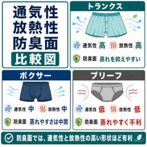 通気性・放熱性・防臭面の3項目で、下着の形状を比較した正方形インフォグラフィック。左上に「通気性・放熱性・防臭面 比較図」という大きなタイトルがあり、右上に「トランクス」、左下に「ボクサー」、右下に「ブリーフ」の比較カードが配置されている。トランクスは通気性と放熱性が高く、防臭面では蒸れを抑えやすいと示されている。ボクサーは通気性と放熱性が中程度で、防臭面では蒸れやすさが中間とされている。ブリーフは通気性と放熱性が低く、防臭面では蒸れやすく不利と示されている。下部には「防臭面では、通気性と放熱性の高い形状ほど有利」というまとめが入っている。
