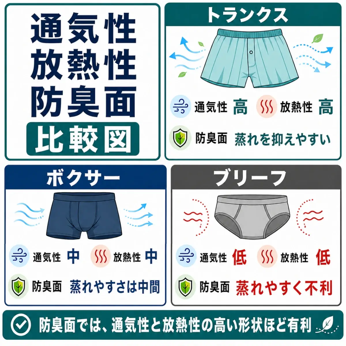通気性・放熱性・防臭面の3項目で、下着の形状を比較した正方形インフォグラフィック。左上に「通気性・放熱性・防臭面 比較図」という大きなタイトルがあり、右上に「トランクス」、左下に「ボクサー」、右下に「ブリーフ」の比較カードが配置されている。トランクスは通気性と放熱性が高く、防臭面では蒸れを抑えやすいと示されている。ボクサーは通気性と放熱性が中程度で、防臭面では蒸れやすさが中間とされている。ブリーフは通気性と放熱性が低く、防臭面では蒸れやすく不利と示されている。下部には「防臭面では、通気性と放熱性の高い形状ほど有利」というまとめが入っている。