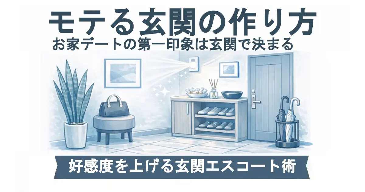 「モテる玄関の作り方／お家デートの第一印象は玄関で決まる」という見出し。玄関のイメージ図として、玄関ドア、細身の観葉植物、円形スツール上のバッグ、靴だけが入った下駄箱、ディフューザー、傘立てが青系トーンで描かれている。下部帯に「好感度を上げる玄関エスコート術」。