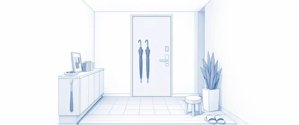 白と淡いブルーで描かれた、ミニマルで清潔感のある日本の玄関の3Dイメージ。奥に玄関ドア、左に短めの下駄箱、右にサンセベリアとスツール、手前右にそろえたスリッパが配置され、整った印象を与えている。