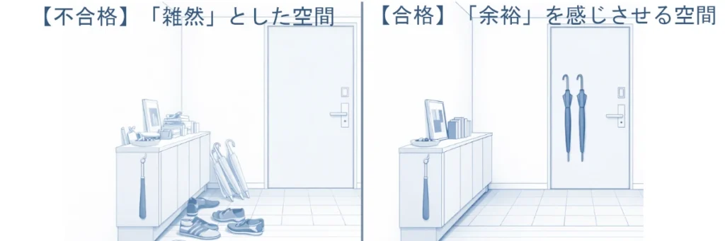 左右比較の玄関イメージ。左は靴やビニール傘、小物が散乱した雑然とした玄関、右は傘・下駄箱・スリッパが整い、余白と清潔感のある玄関。上部に「【不合格】『雑然』とした空間」「【合格】『余裕』を感じさせる空間」という見出しが入っている。