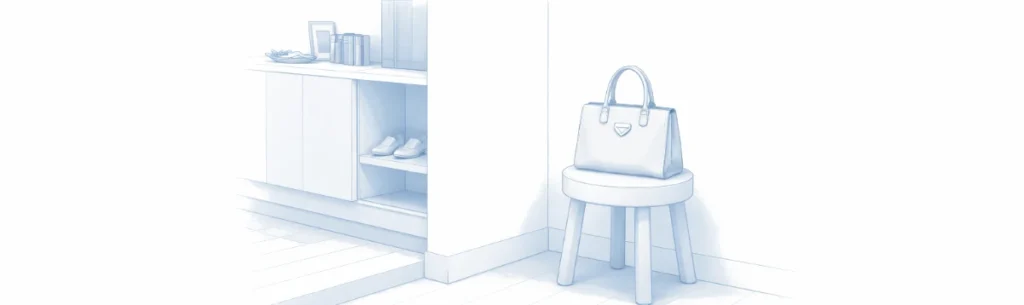 白と淡いブルーで描かれたミニマルな玄関イメージ。壁際の丸いスツールの上に、女性用のハンドバッグが丁寧に置かれ、左奥には下駄箱と開いた棚が見える。