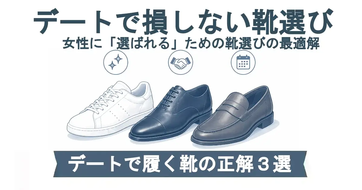 「デートで損しない靴選び／女性に『選ばれる』ための靴選びの最適解」という見出し。白スニーカー、黒の革靴、茶系ローファーの3足が並び、上に小さなアイコン（キラッ、握手、カレンダー）。下部帯に「デートで履く靴の正解3選」。