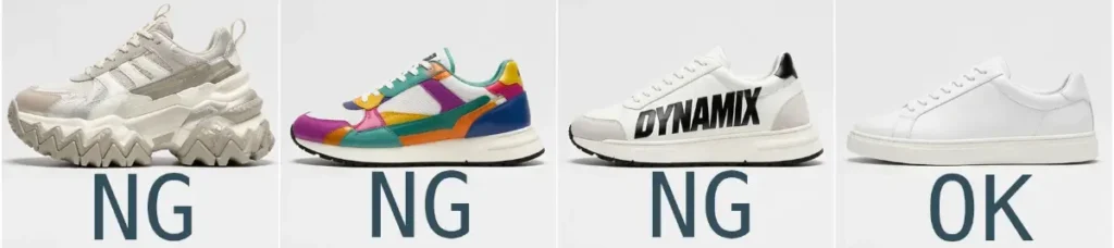 4足のスニーカーを横一列で比較した画像。左から、極端に厚くギザギザしたソールの白系スニーカー、派手な多色配色のスニーカー、大きなロゴが側面に入った白いスニーカー、装飾のないミニマルな白スニーカーが並び、下にそれぞれ「NG」「NG」「NG」「OK」と表示されている。