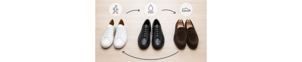 白いレザースニーカー、黒いレザースニーカー、濃いブラウンのスエードローファーの3足を横一列に並べ、上部のアイコンと矢印で循環するローテーションを示したインフォグラフィック。背景は明るい木目で、黒いスニーカーの上には乾燥を示すしずくのようなアイコン、ローファーにはシューキーパーが入っている。