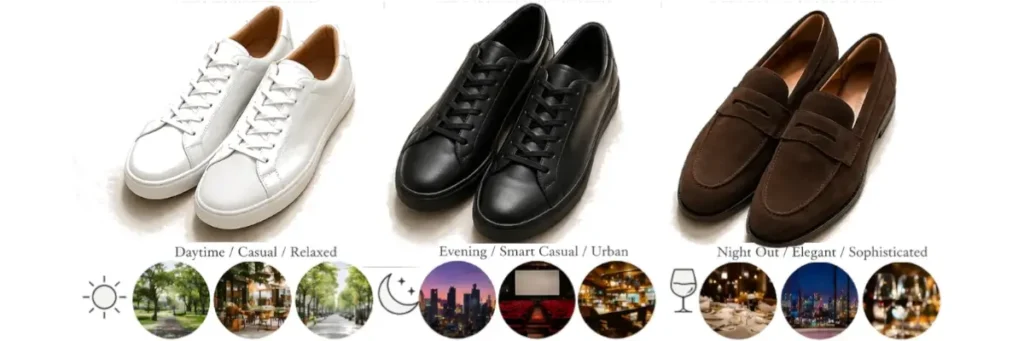 白、黒、濃いブラウンの3種類の靴を上段に並べ、その下にそれぞれの靴が合うシーンを小さな丸い写真とアイコンで示したライフスタイル比較画像。白スニーカーには昼やカフェ、黒スニーカーには夜の街や映画館、ブラウンのローファーにはレストランや夜景、ワイングラスのイメージが添えられている。