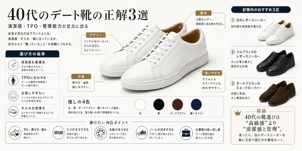 40代男性のデート靴選びを解説した横長インフォグラフィック。中央に白のローカットレザースニーカーが大きく配置され、素材、デザイン、印象、使いやすさの注釈が添えられている。左側には清潔感、TPO、主張しすぎないデザイン、手入れ習慣という選び方の基準が並ぶ。下部には推奨色として白、黒、ダークブラウン、濃いネイビーの4色が示され、避けたいNGポイントとして汚れ、ロゴの大きさ、色数の多さ、派手なソール、仕事靴の使い回し感が紹介されている。右側にはおすすめの3足として、白のレザースニーカー、フルブラックのレザースニーカー、ダークブラウンのスエードローファーが掲載されている。