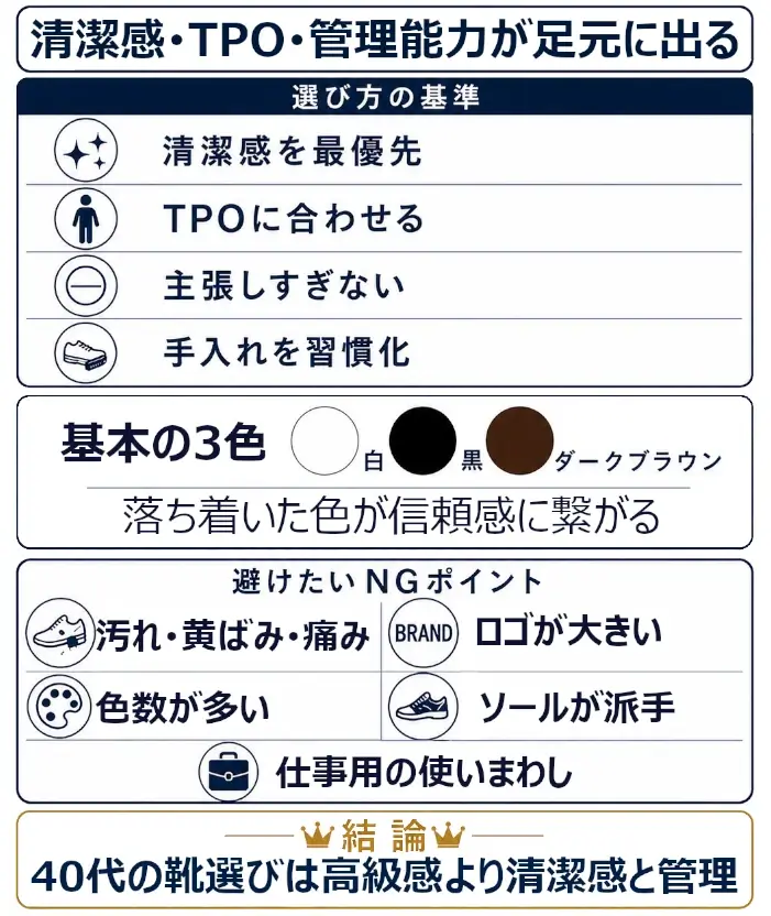 40代男性のデート靴選びでは、清潔感・TPO・手入れ感を重視し、白・黒・ダークブラウンの落ち着いた色を選ぶべきだと解説する縦長インフォグラフィック。